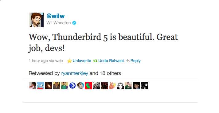 This is a screenshot of a tweet from Wil Wheaton, saying "Wow, Thunderbird 5 is beautiful. Great job, devs!"